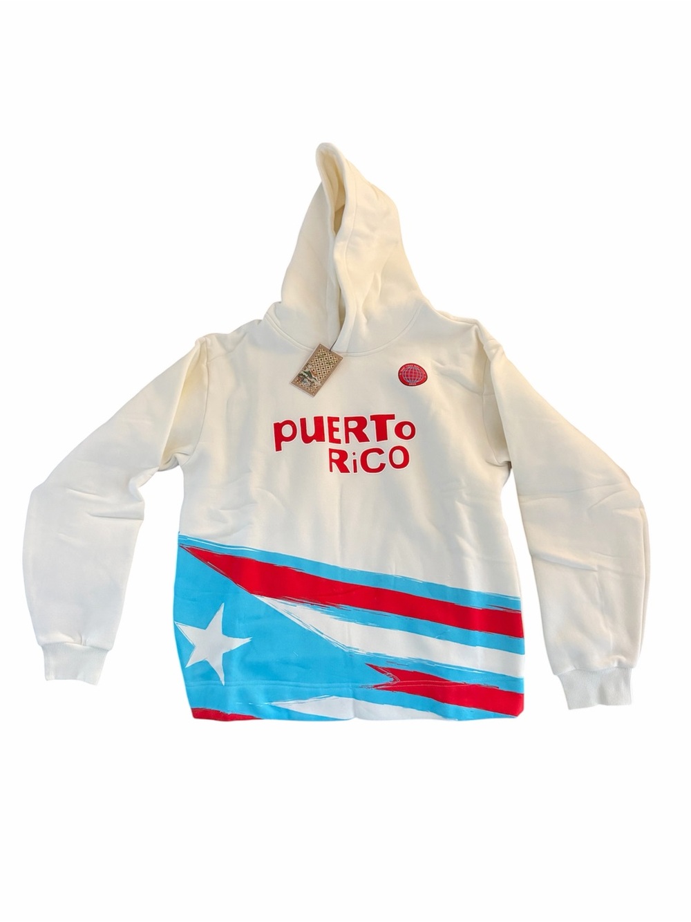 Puerto Rico Cream Hoodie with Blue & Red Flag Accent Original Bad Bunny